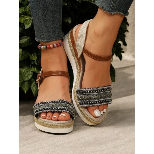Women's Boho Platform Sandals with Braided Straps and Rhinestone Accents - Comfortable Summer Wedge Shoes for Casual Outings 2025 - Image 5
