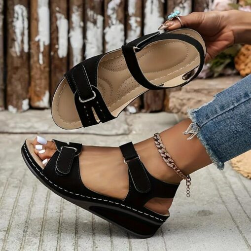 Women's Sandals Wedge Sandals Daily Vacation Chunky Heel Peep Toe Vacation Casual Comfort PU Magic Tape Black Red Brown 2025 - Image 3