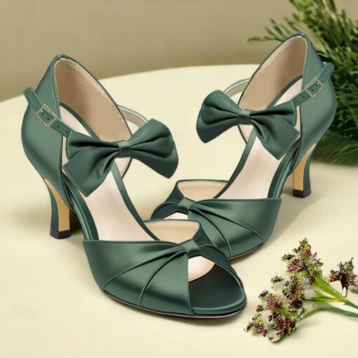 Women's Heels Wedding Shoes Dress Shoes Wedding Party Wedding Sandals Bowknot Kitten Heel Stiletto Round Toe Peep Toe Elegant Satin Black White Dark P - Image 7