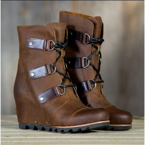 Women's Faux Leather Wedge Boots with Lace-Up Straps - Stylish and Durable Footwear for Outdoor Adventures and Everyday Wear 2025