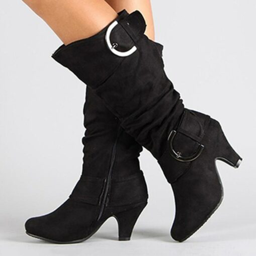 Women's Red Suede Slouchy Knee-High Boots with Buckle Detail and Mid Heel - Stylish Footwear for Fall and Winter 2025 - Image 2