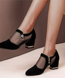 Women's Mesh Panel Chunky Heel Dress Shoes - Elegant Black Formal Pumps with Zipper and Ring Detail 2025
