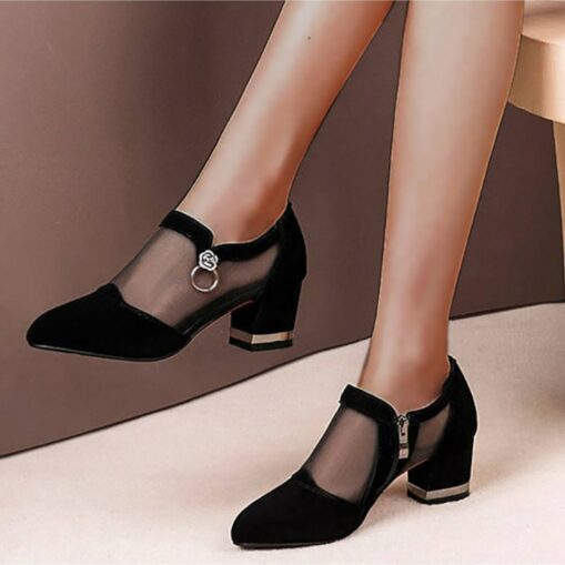 Women's Mesh Panel Chunky Heel Dress Shoes - Elegant Black Formal Pumps with Zipper and Ring Detail 2025
