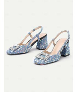 Women's Sequin Embellished Slingback Block Heel Shoes – Sparkly Denim Heels with Crystal Detail for Party and Evening Wear 2025