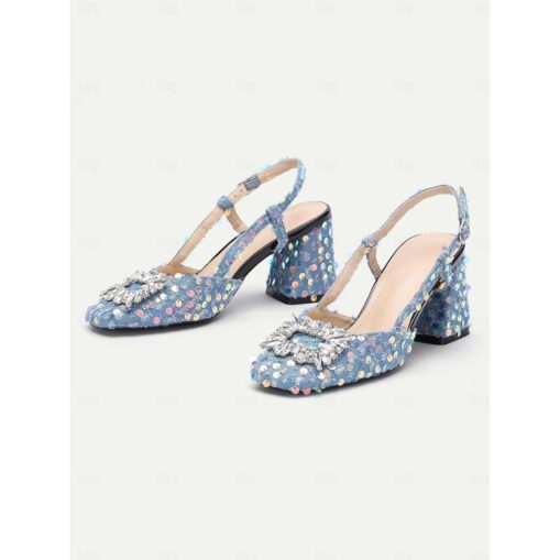 Women's Sequin Embellished Slingback Block Heel Shoes – Sparkly Denim Heels with Crystal Detail for Party and Evening Wear 2025