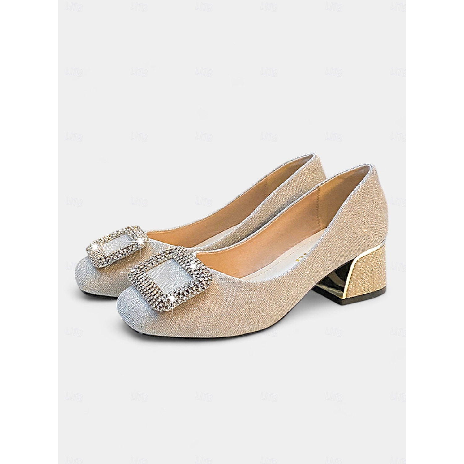 Women's Rhinestone Buckle Chunky Heels – Elegant Low-Heel Pumps with Glitter Finish and Metallic Accents 2025 - Image 2