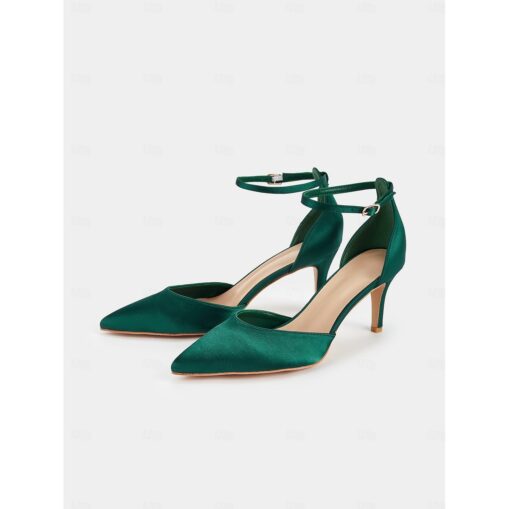 Women's Emerald Green Satin Ankle Strap Heels - Elegant Pointed-Toe Stiletto for Parties, Weddings, and Special Occasions 2025