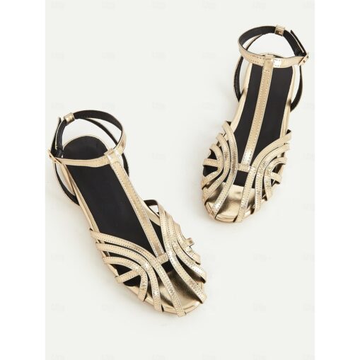 Women's Gold Strappy Flat Sandals with Ankle Strap, Elegant Summer Shoes for Weddings, Parties, and Casual Wear 2025