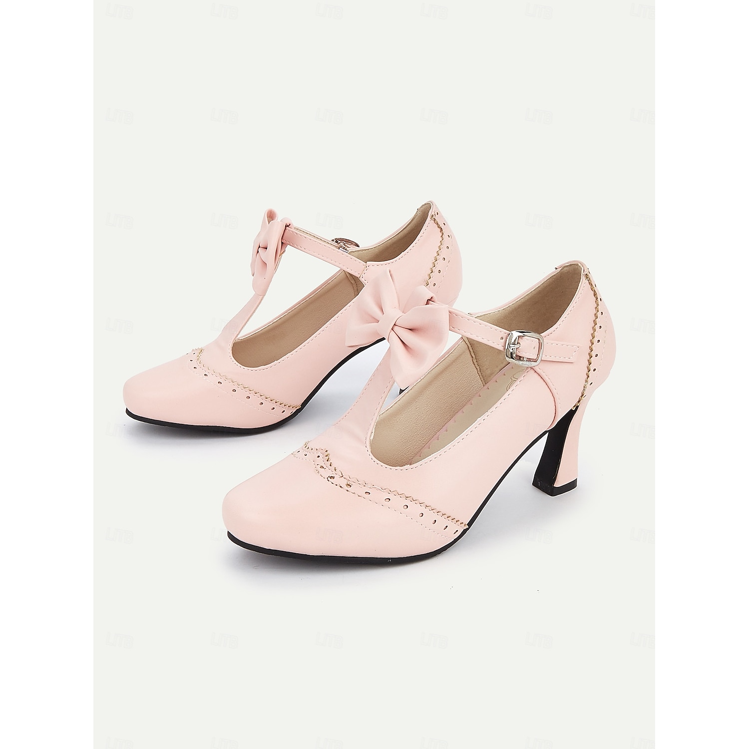 Women's Vintage Pink Bow T-Strap Heels - Classic Mid Heel Dress Shoes with Buckle Strap for Weddings, Parties, and Formal Events 2025