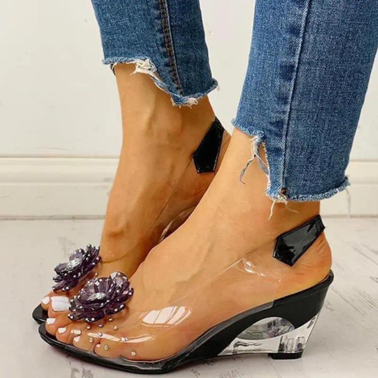 Women's Transparent Wedge Sandals with Floral Rhinestone Decoration – Stylish Open-Toe Shoes for Summer, Parties, and Special Occasions 2025 - Image 2