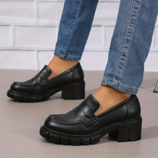 Women's Chunky Heeled Loafers Solid Color Round Toe PU Leather Shoes Versatile Platform Shoes 2025 - Image 3