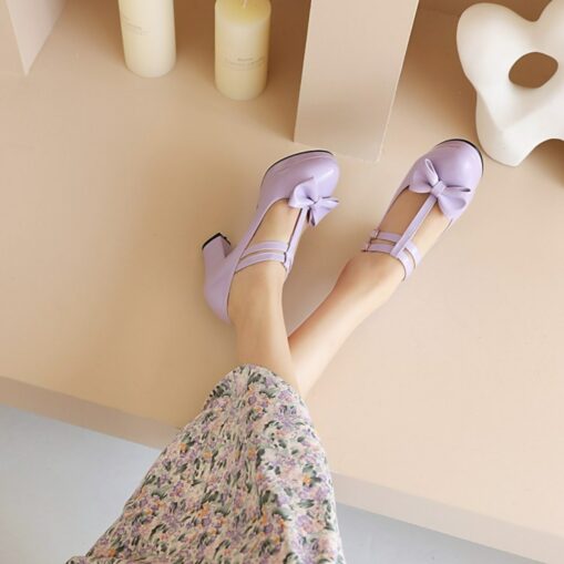 Women's Heels Pumps Valentines Gifts Dress Shoes Mary Jane Daily Solid Colored Bowknot Buckle Low Heel Chunky Heel Round Toe Elegant Minimalism PU Lea - Image 2