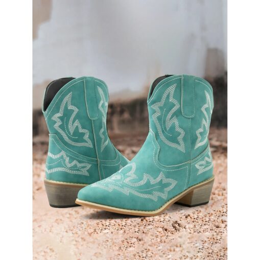 Women's Turquoise Western Cowboy Boots with Intricate Floral Embroidery, Perfect for Country-Themed Events and Casual Wear 2025