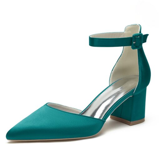 Wedding Shoes for Bride Bridesmaid Women Peep Toe White Ivory Blue Silver Gold Black Green Satin Pumps Block Heel Ankle Strap Wedding Party Valentine' - Image 7