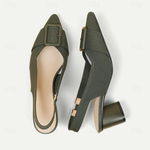 Women's Heels Plus Size Flyknit Shoes Wedding Outdoor Office Striped Buckle Block Heel Pointed Toe Fashion Classic Comfort Walking Knit Loafer Almond - Image 7