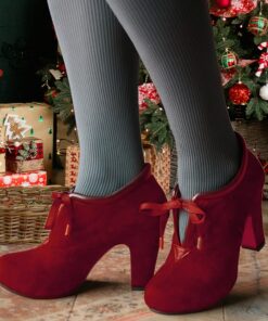 Women's Red Suede Lace-Up Ankle Boots with Block Heel – Ideal for Holidays, Parties, and Special Festive Occasions 2025
