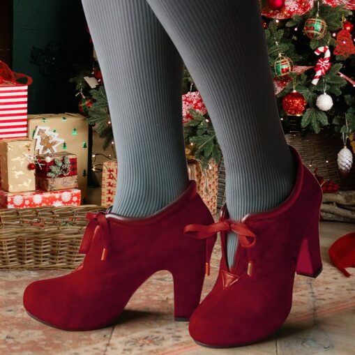 Women's Red Suede Lace-Up Ankle Boots with Block Heel – Ideal for Holidays, Parties, and Special Festive Occasions 2025