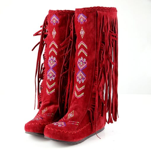 Women's Fringe Embroidered Faux Suede Knee-High Boots, Bohemian Style for Festivals and Casual Wear 2025 - Image 3