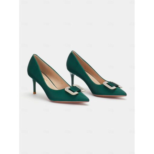 Elegant Green Satin Pumps with Rhinestone Buckle for Women: Perfect for Weddings and Formal Events 2025