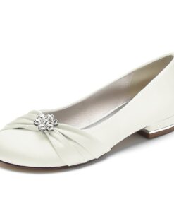 White Satin Wedding Flats for Women with Flower Embellishment and Low Heel, Comfortable Bridal Shoes 2025