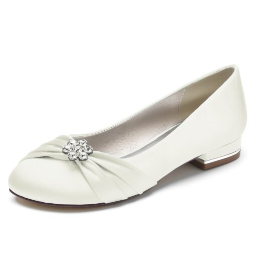 White Satin Wedding Flats for Women with Flower Embellishment and Low Heel, Comfortable Bridal Shoes 2025