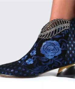 Women's Rhinestone Embellished Floral Jacquard Ankle Boots - Elegant Blue Velvet Heels for Evening Events 2025