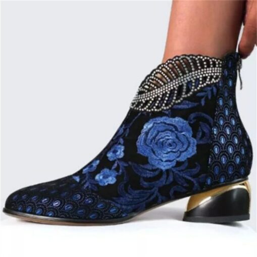 Women's Rhinestone Embellished Floral Jacquard Ankle Boots - Elegant Blue Velvet Heels for Evening Events 2025