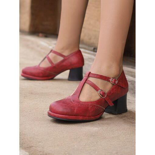 Women's Vintage Red Mary Jane Heels – Double Buckle Strap, Retro Block Heel, Perfect for Formal and Casual Occasions 2025 - Image 2