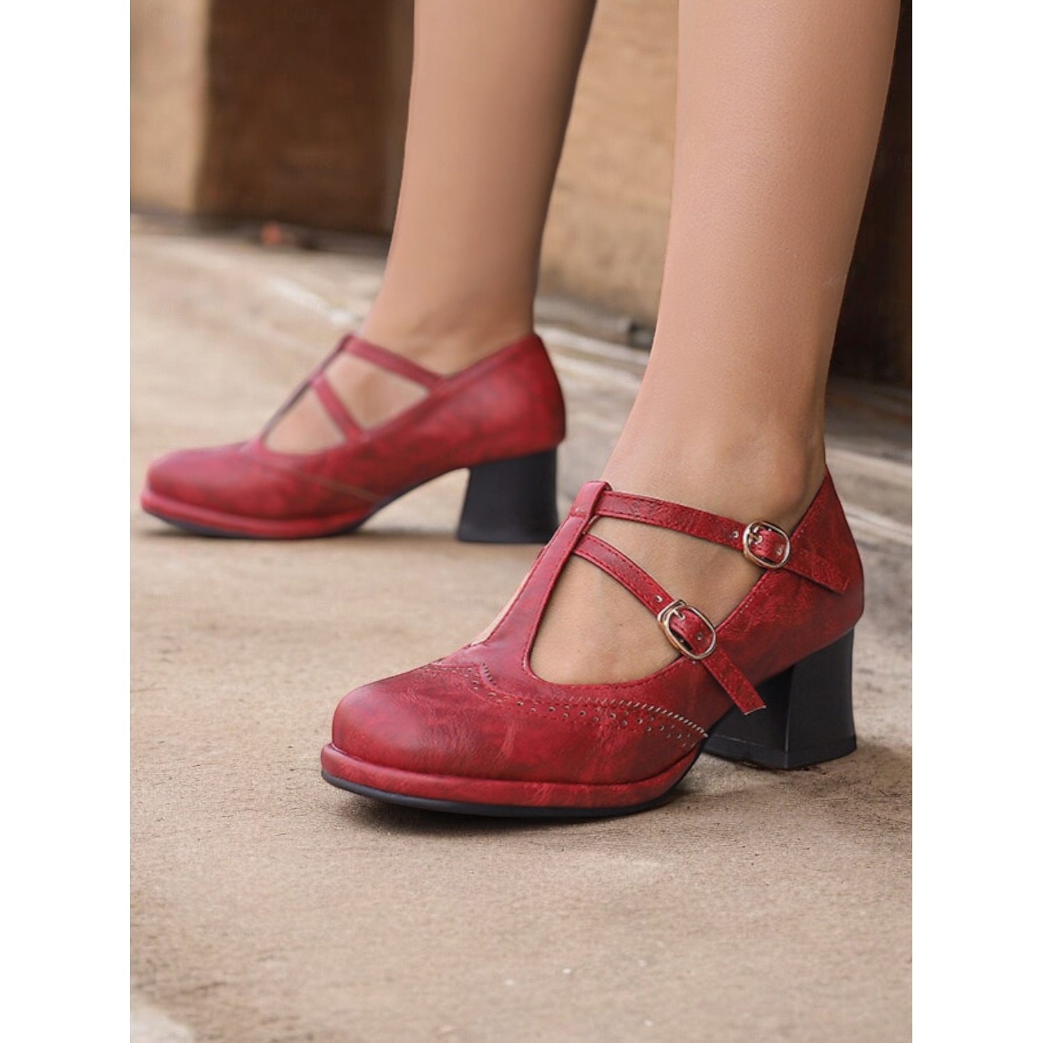 Women's Vintage Red Mary Jane Heels – Double Buckle Strap, Retro Block Heel, Perfect for Formal and Casual Occasions 2025 - Image 2
