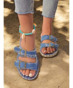 Women's Casual Denim Sandals with Double Buckle Straps, Vintage Style Summer Slides, Comfortable Beach Footwear for Vacation and Daily Wear 2025