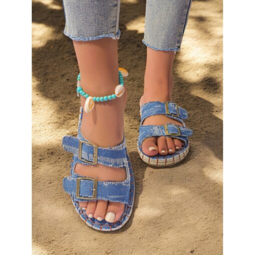 Women's Casual Denim Sandals with Double Buckle Straps, Vintage Style Summer Slides, Comfortable Beach Footwear for Vacation and Daily Wear 2025