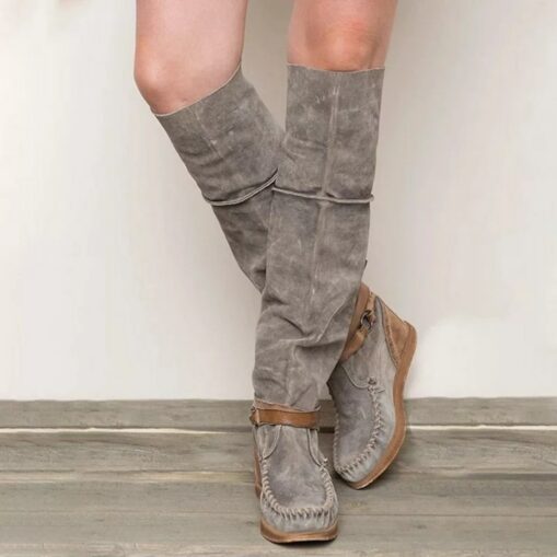 Women's Suede Knee-High Boots with Wedge Heel and Buckle Strap - Bohemian Style Casual Boots in Denim Blue 2025 - Image 2
