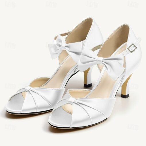 Women's Heels Wedding Shoes Dress Shoes Wedding Party Wedding Sandals Bowknot Kitten Heel Stiletto Round Toe Peep Toe Elegant Satin Black White Dark P - Image 6