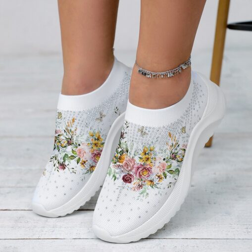 Women's Floral Graphic Printed Rhinestones Soft and Lightweight Slip-on Flying Woven Sneakers 2025