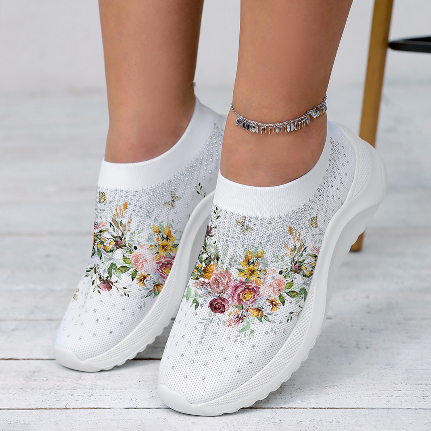 Women's Floral Graphic Printed Rhinestones Soft and Lightweight Slip-on Flying Woven Sneakers 2025