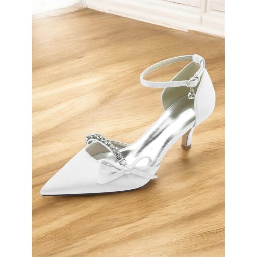 Pointed-Toe Kitten Heel Wedding Shoes for Women – Elegant Ankle Strap Bridal Heels with Rhinestone and Bow Detail 2025 - Image 2