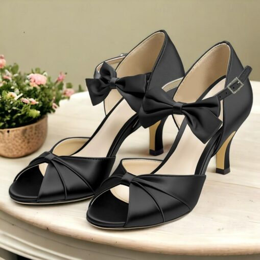 Women's Heels Wedding Shoes Dress Shoes Wedding Party Wedding Sandals Bowknot Kitten Heel Stiletto Round Toe Peep Toe Elegant Satin Black White Dark P