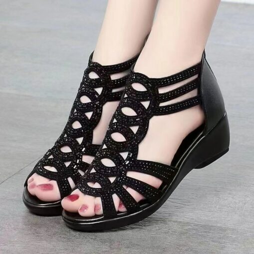 Elegant Beige Women's Cut-Out Sandals - Intricate Laser-Cut Design with Comfortable Wedge Heel, Perfect for Dressy Occasions and Summer Evenings 2025 - Image 2