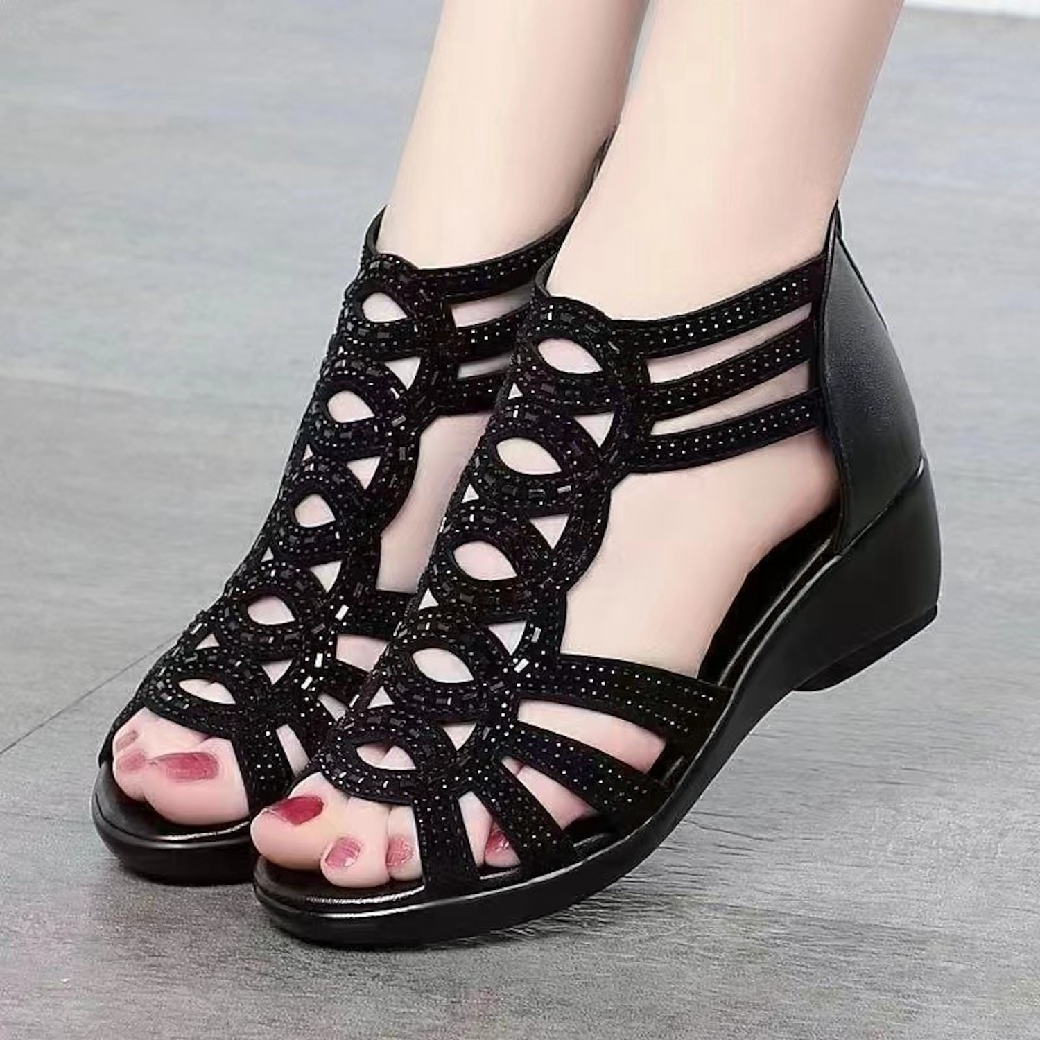 Elegant Beige Women's Cut-Out Sandals - Intricate Laser-Cut Design with Comfortable Wedge Heel, Perfect for Dressy Occasions and Summer Evenings 2025 - Image 2
