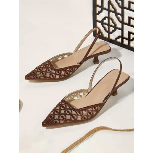 Pink Glitter Mesh Slingback Heels with Cut-Out Design and Low Kitten Heels for Formal Events and wedding 2025 - Image 6