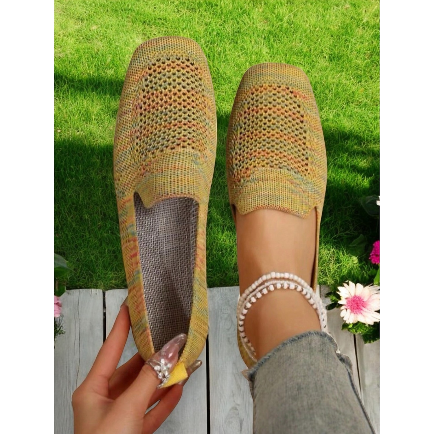 Women's Foldable Yellow Knit Flats with Breathable Design - Lightweight Travel Shoes for Casual and Outdoor Activities 2025