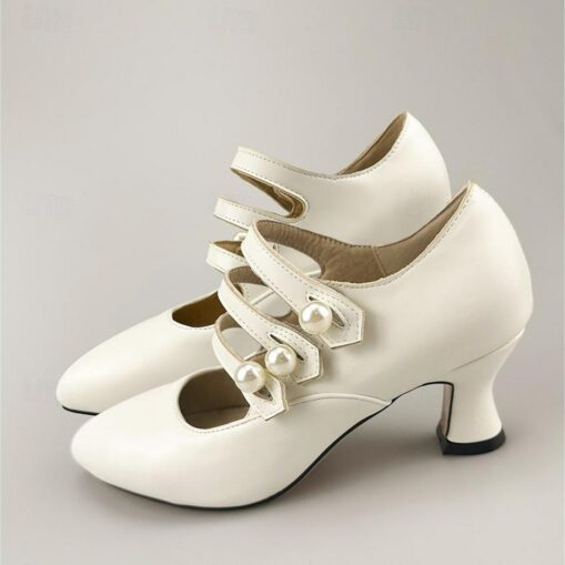Women's White Vintage Pearl-Embellished Mary Jane Heels – Elegant Strappy Design for Weddings, Parties, and Formal Occasions 2025