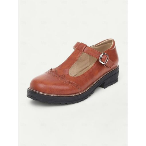 Women's Tan Faux Leather T-Strap Mary Jane Shoes with Brogue Detailing, Rugged Sole for Comfortable Daily Wear and Vintage Style Outfits 2025 - Image 3