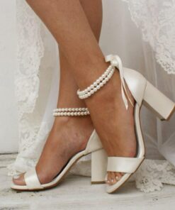 Women's White Pearl Ankle Strap Block Heel Sandals – Elegant Bridal Shoes for Weddings and Formal Events 2025