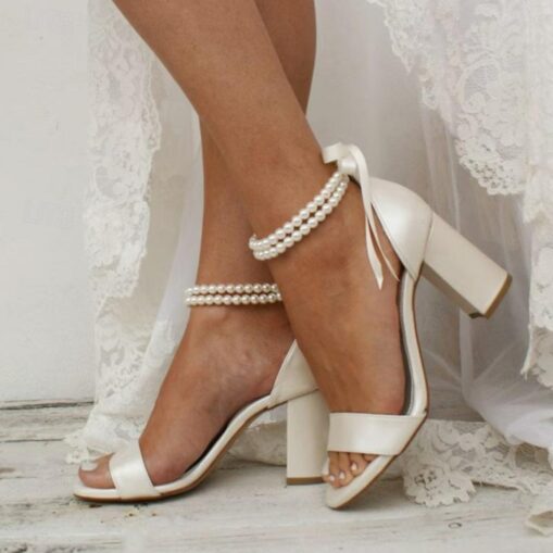 Women's White Pearl Ankle Strap Block Heel Sandals – Elegant Bridal Shoes for Weddings and Formal Events 2025
