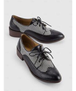 Women's Vintage Black and White Herringbone Oxford Shoes with Leather Detailing for Smart Casual Wear 2025