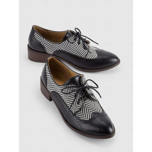 Women's Vintage Black and White Herringbone Oxford Shoes with Leather Detailing for Smart Casual Wear 2025