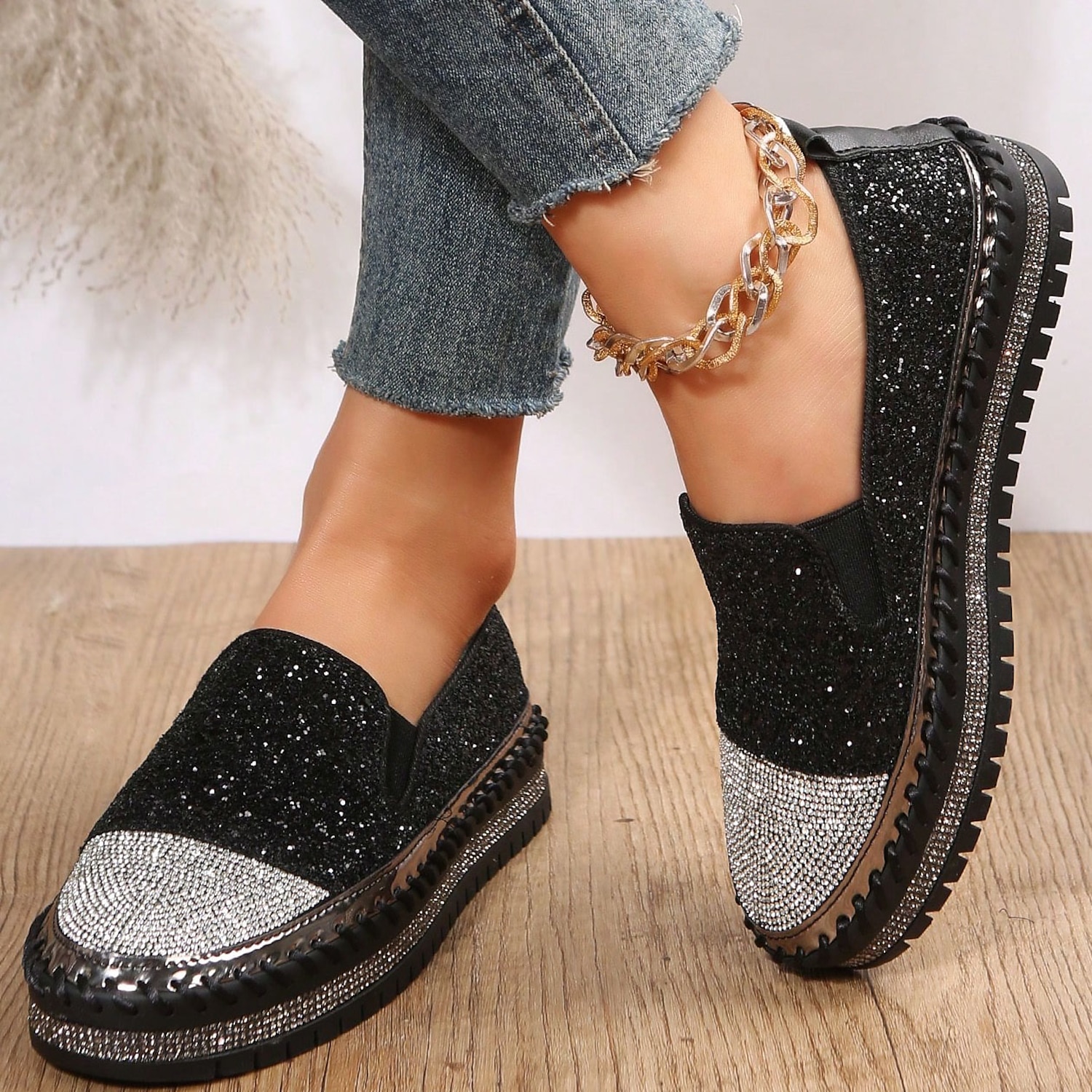 Women's Glitter Slip-On Loafers – Sparkly Rhinestone Embellished Platform Shoes for Casual Wear and Summer Outings 2025 - Image 3
