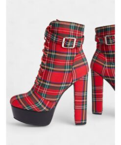Women's Red Tartan Platform Ankle Boots - Chunky Heel Plaid Lace-Up Boots with Side Zipper for Punk and Alternative Fashion 2025