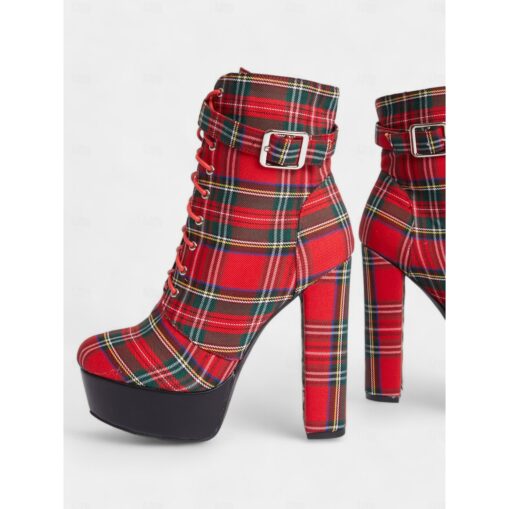 Women's Red Tartan Platform Ankle Boots - Chunky Heel Plaid Lace-Up Boots with Side Zipper for Punk and Alternative Fashion 2025